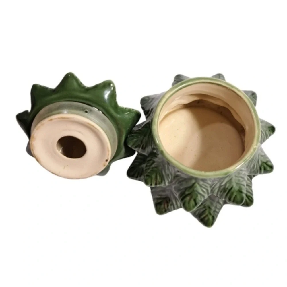 Vintage Ceramic Christmas Tree 4pc Set Green Leaf Pattern Napkin Holder Salt
